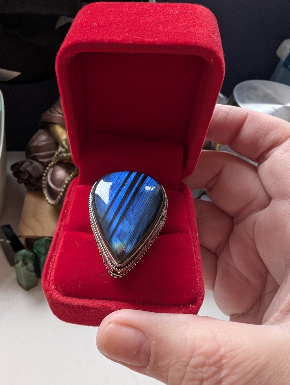 Vintage Sterling Silver Blue Flash Labradorite Teardrop Statement Ring Size 8